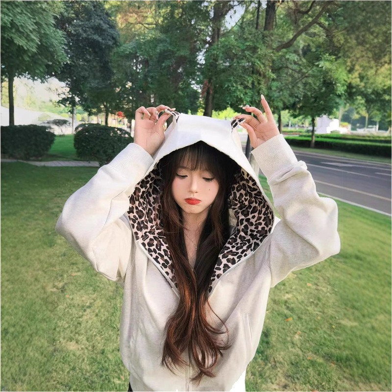美式复古连帽卫衣外套女2025秋季豹纹拼接开衫宽松情侣拉链上衣潮|undefined