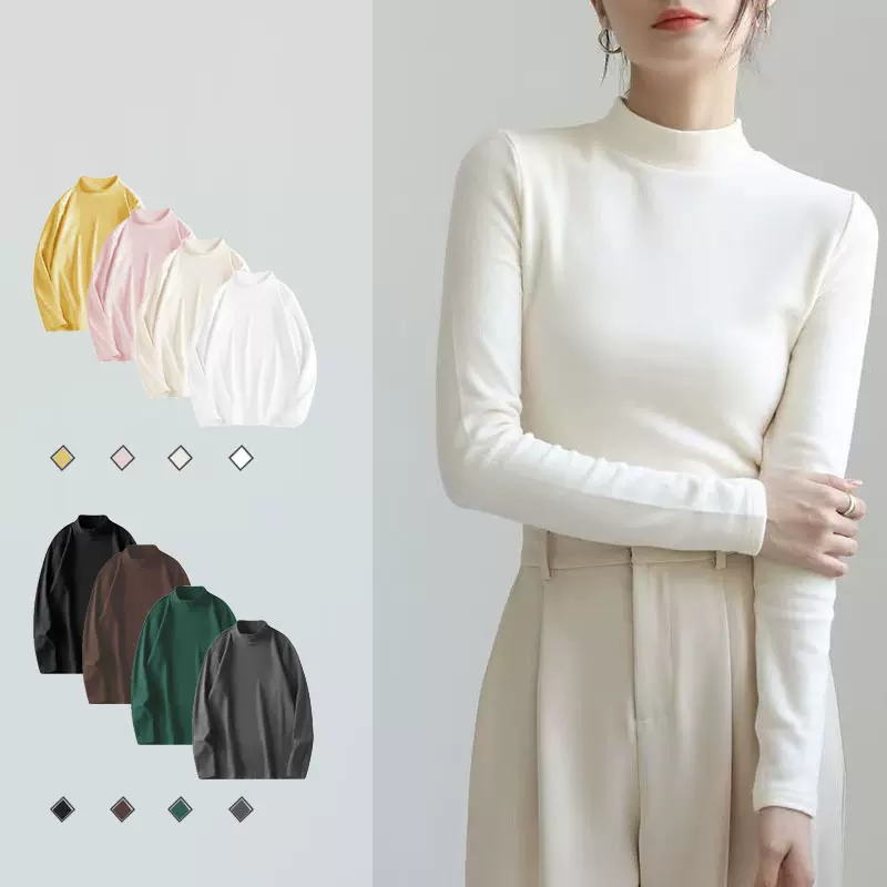 半高领打底衫女长袖加绒加厚秋冬德绒黑色内搭保暖上衣衫