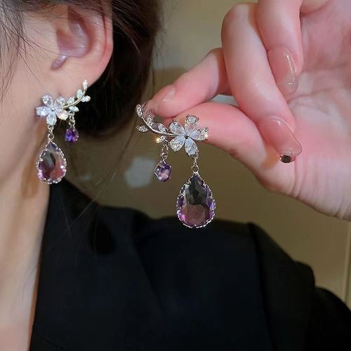 Silver needle branches zircon purple bling flower drop earrings fashion temperament elegant earrings eardrop Chinese wind earrings wholesale women