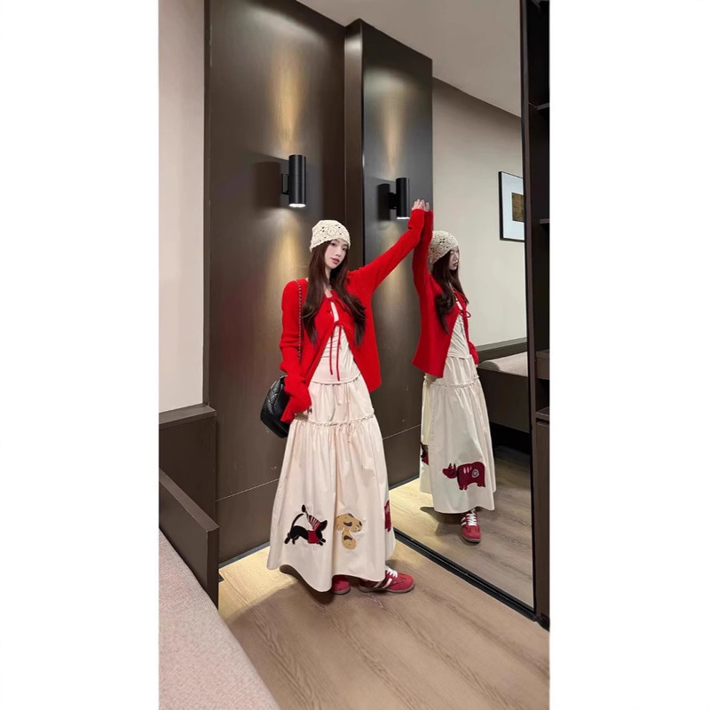 Niche Long-Sleeved Christmas Bow-Tie Knitted Sweater Jacket, Gentle Style Suit for Women, Spring Skirt Three-Piece Set