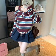 韩系撞色条纹拼接一字肩长袖T恤女2025秋季新款心机小众别致上衣