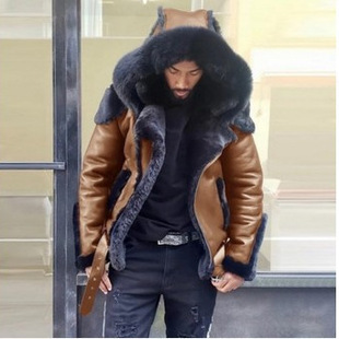Q027 cross-border European and American men's faux leather fleece-lined thickened fur integrated short zipper coat hooded men's coat