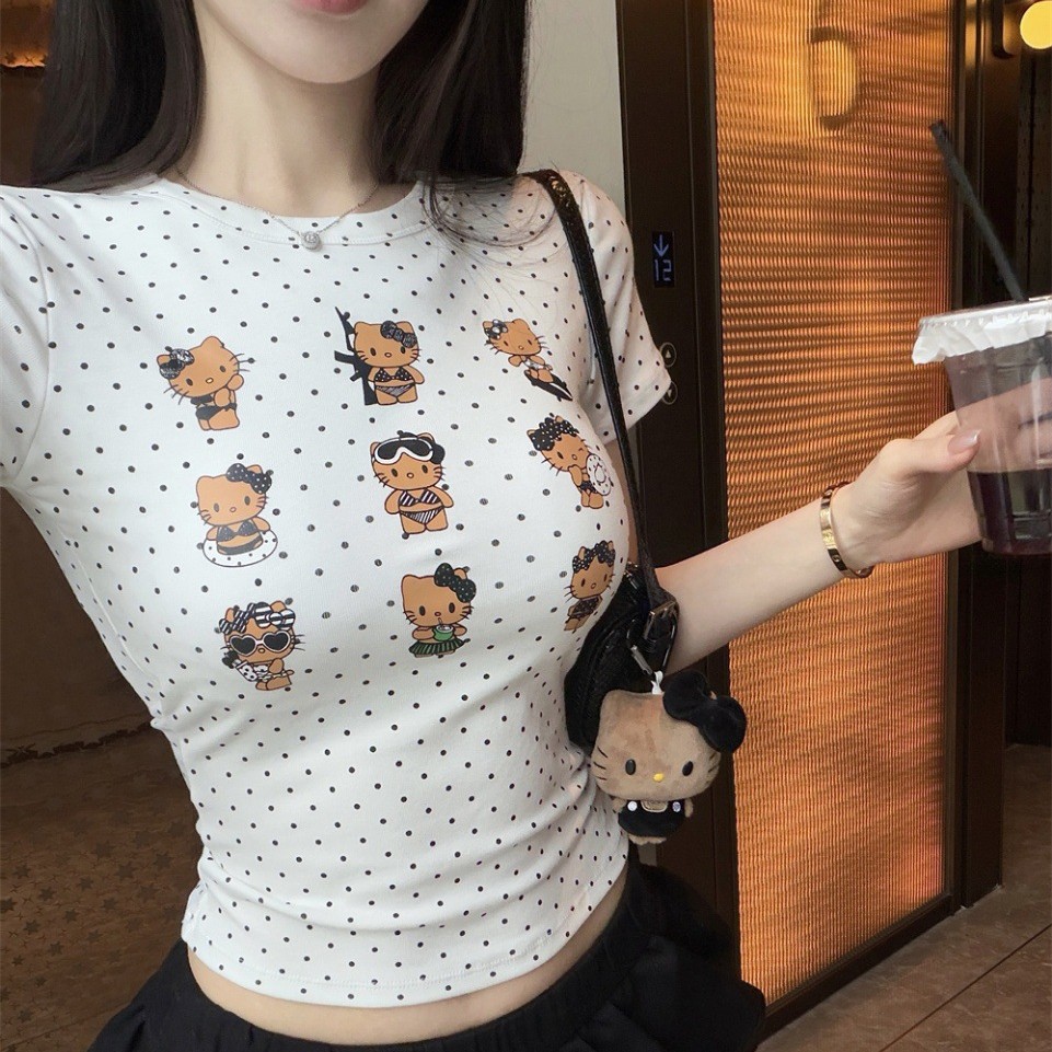 5253 # Women's slim-fit short-sleeve T-shirt with round neck, polka dot cartoon print, and built-in chest pads for a sexy look