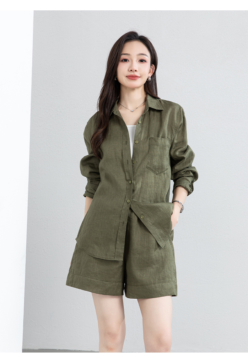 Bộ đồ linen nữ mùa hè áo sơ mi phối quần short dáng rộng — Quần short - 86185 ngày xanh chi tiết 28