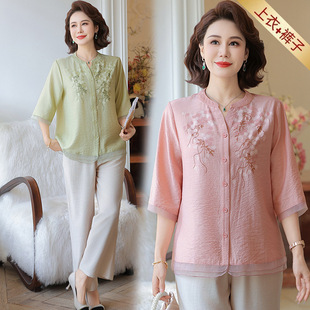 Gastrodia Hemp Short-sleeved Shirt T-shirt suit Mother Dress New Middle-aged and Elderly Women's Embroidered Breathable Cardigan Top for Women
