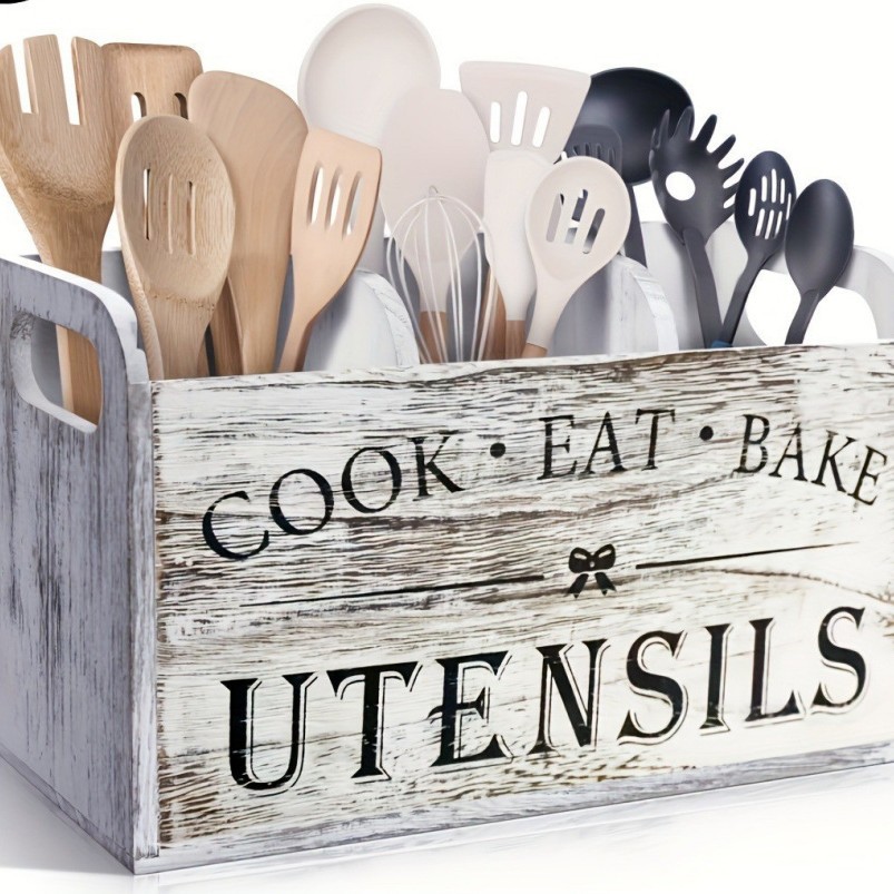 跨境木制做旧收纳盒厨房餐具筷勺整理盒手提西餐厅刀叉分类储物盒