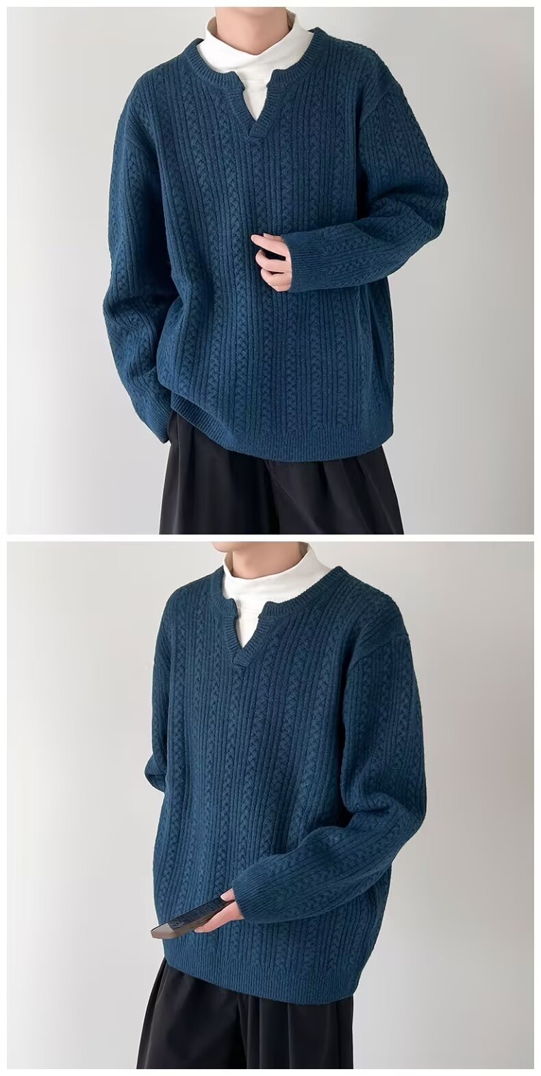 Pull en tricot à col en v pour homme en mélange coton hiver_voghion.com
