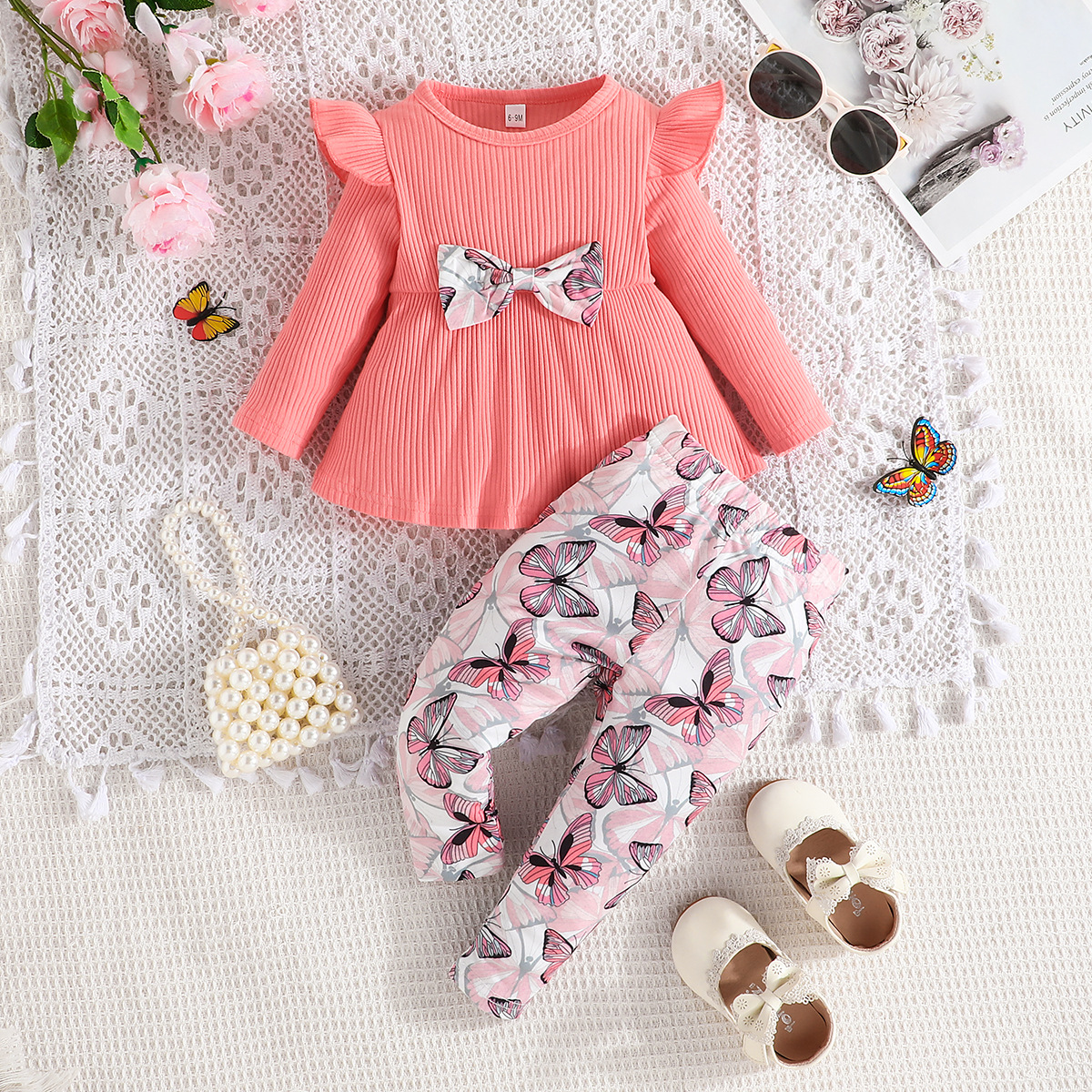 Exclusional transfronterizo-primavera y otoño bebé pit top de manga larga pantalones con estampado de mariposa traje de dos piezas casual bebé