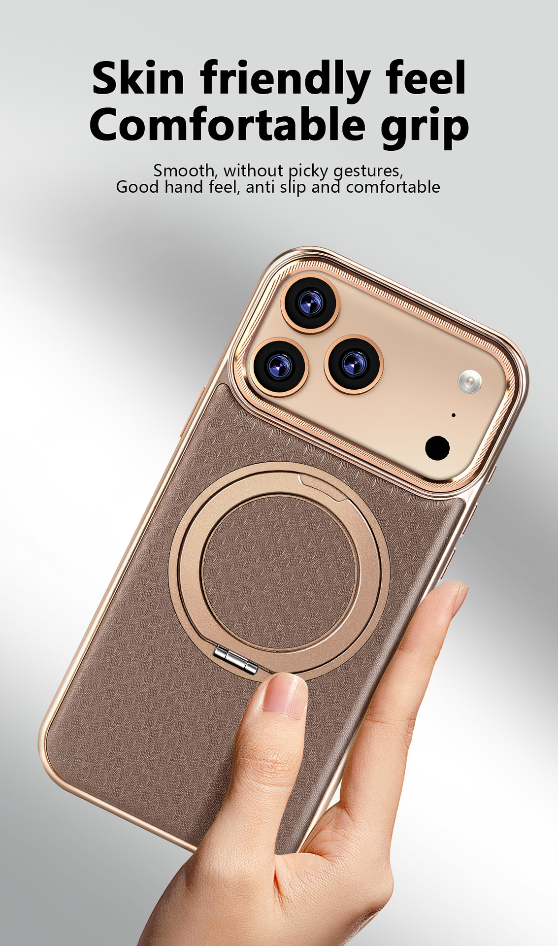Ốp lưng da iPhone có giá đỡ xoay 360 độ, chống sốc viền dày — đen, xám, màu nâu, quả cam chi tiết 3