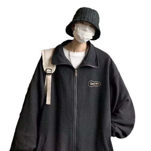 Zippered sweater men's spring and autumn hooded sports cardigan coat fashion brand design loose waffle lapel coat