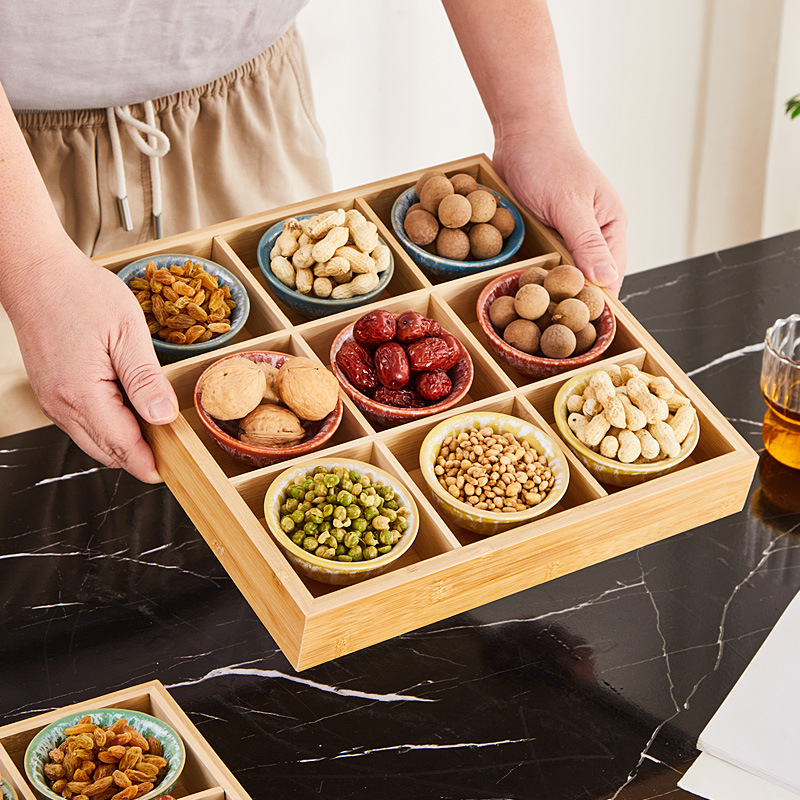 Bamboo Wooden Dinner Plate Nine-Compartment Tray Hot Pot Restaurant Divided Plate with Bowl Set Tableware Specialty Hot Pot Vegetable Plate Fruit Plate