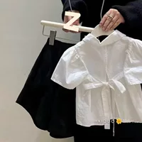 Детская одежда для девочек: рубашка в стиле преппи с кружевной завязкой, летняя милая рубашка с отворотами, свободный костюм с шортами