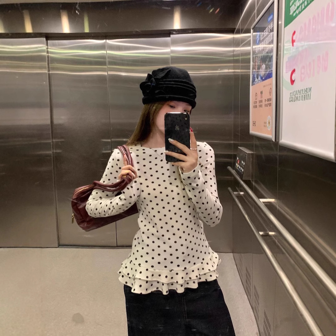 自家工厂现货 甜美风白色波点长袖春季荷叶边打底衫显瘦内搭上衣