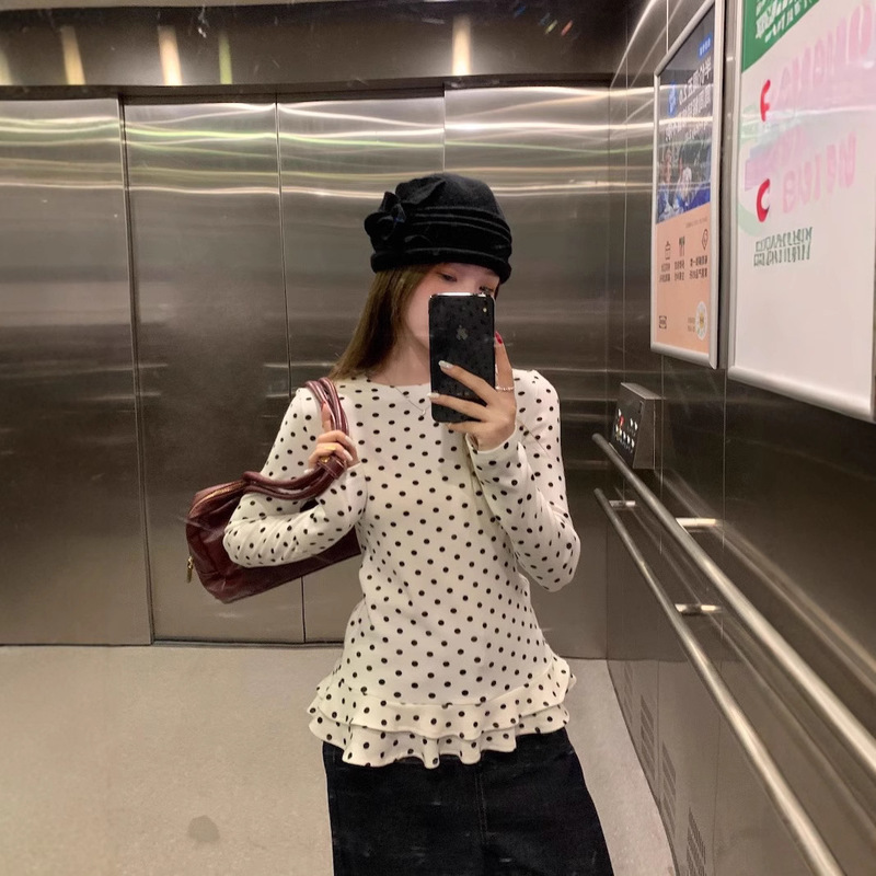 Home Factory in stock Sweet Style White Wave Dot Long Sleeve Spring Ruffled Base Shirt Slim Inner Top Home Factory in stock Sweet Style White Wave Dot Long Sleeve Spring Ruffled Base Shirt Slim Inner Top
