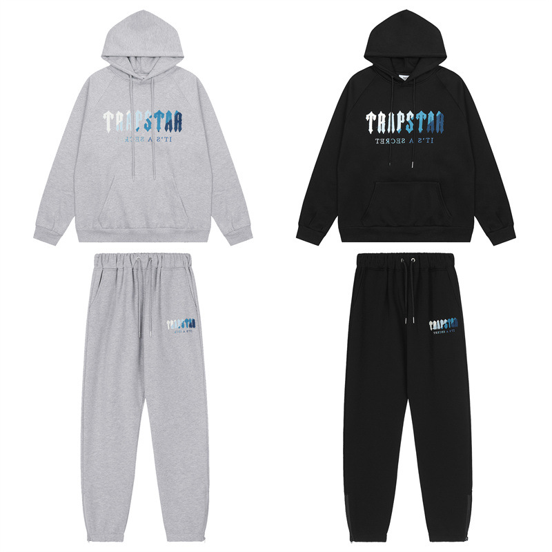 Marca de moda europea y americana Trapstar blanco y azul degradado color toalla bordado fleece-forrado hombres y mujeres pareja de alta calle traje de ocio