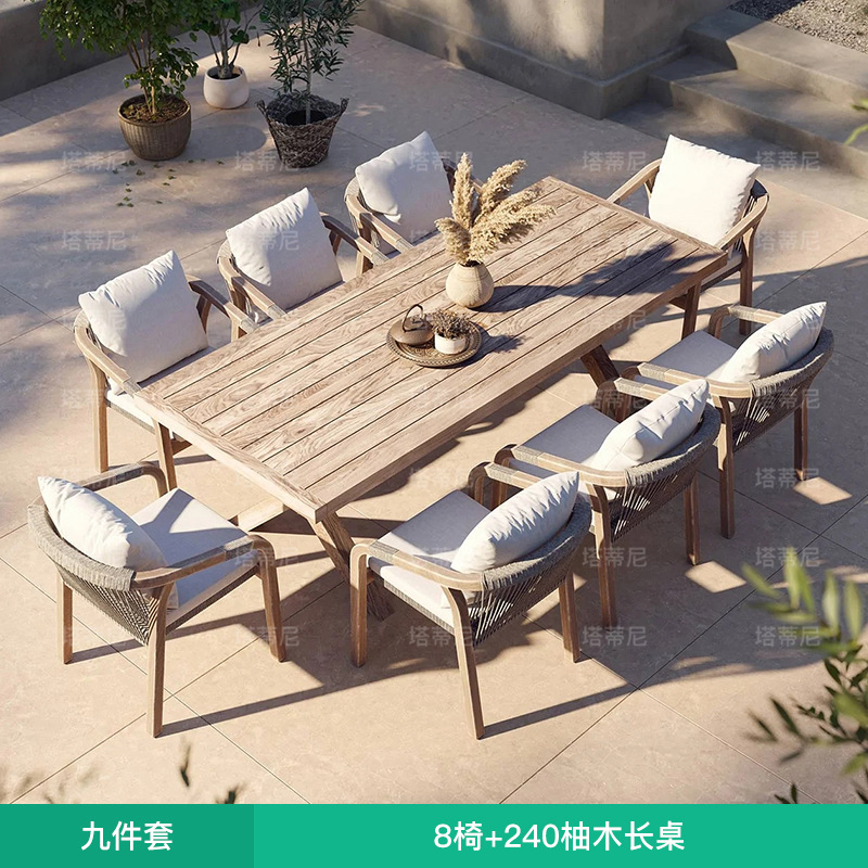 Mesas y sillas de teca para exteriores para villas, hoteles, patios, jardines, ocio al aire libre, terrazas de ratán, muebles de madera maciza impermeables y resistentes al sol.