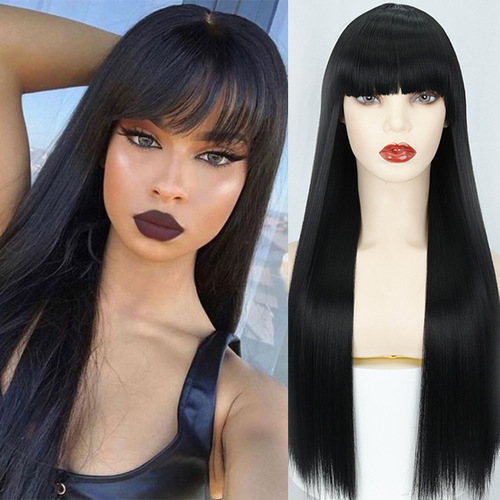 Overseas European and American wig female air bangs long straight hair rose mesh matte silk chemical fiber wig headgear wholesale