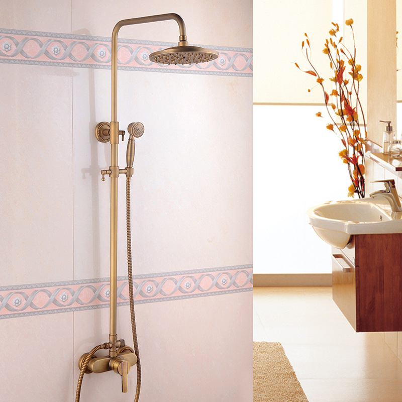 Juego de ducha de estilo retro de lujo europeo explosivo transfronterizo, ducha antigua de cobre, grifo de válvula mezcladora de agua fría y caliente, baño