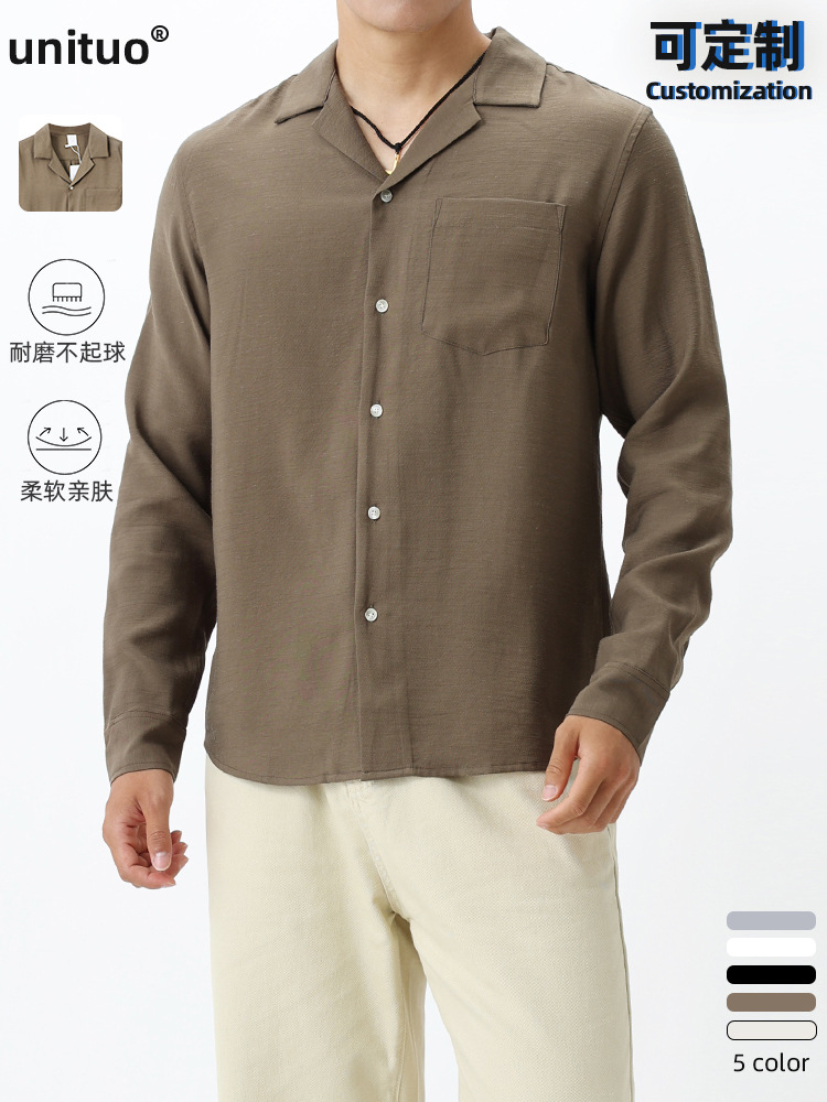 2025 camisa de lino ligera de lujo nuevo estilo de cuello gaviota japonés de bolsillo casual versátil camisa de manga larga hombre hombre