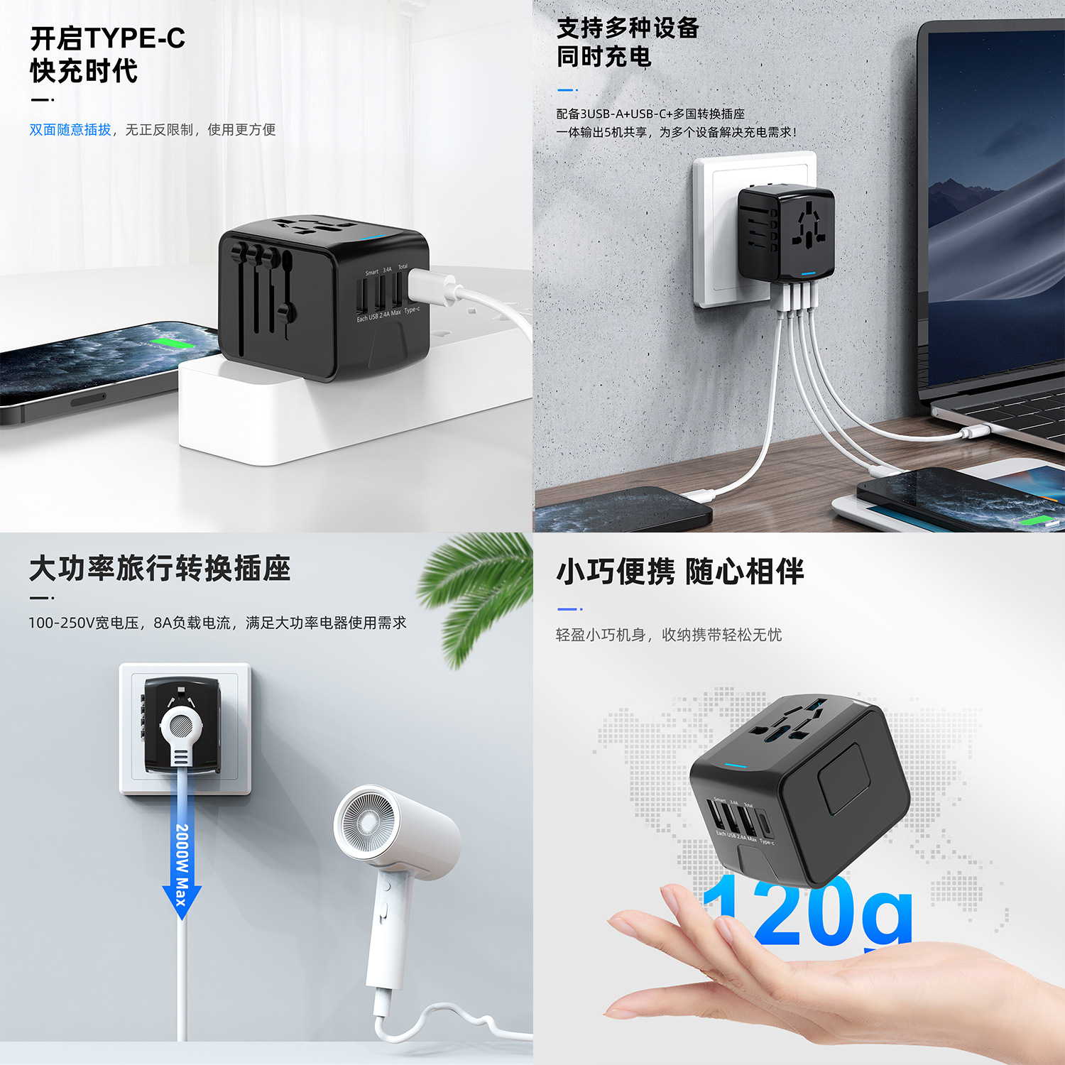 Nuevo enchufe de conversión de salida de identificación inteligente 3USB + TYPE-C para viajar al extranjero, negocios, estudiar en el extranjero y viajar