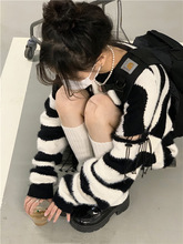韓系chic條紋毛衣復古甜酷小眾設計感慵懶圓領針織上衣秋冬新款女