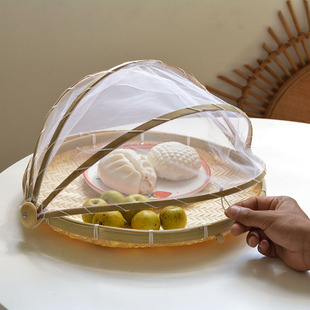 Drying basket household steamed bread round dustpan bamboo woven ethnic shallow mouth decorative bamboo woven handmade dustpan mosquito-proof vegetable cover