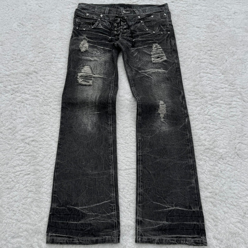 Cross-Border Aliexpress Best-Selling Gothic Retro Slightly Flared Washed Distressed Ripped Double Waist Denim Pants Ins Cross-Border Aliexpress Best-Selling Gothic Retro Slightly Flared Washed Distressed Ripped Double Waist Denim Pants Ins