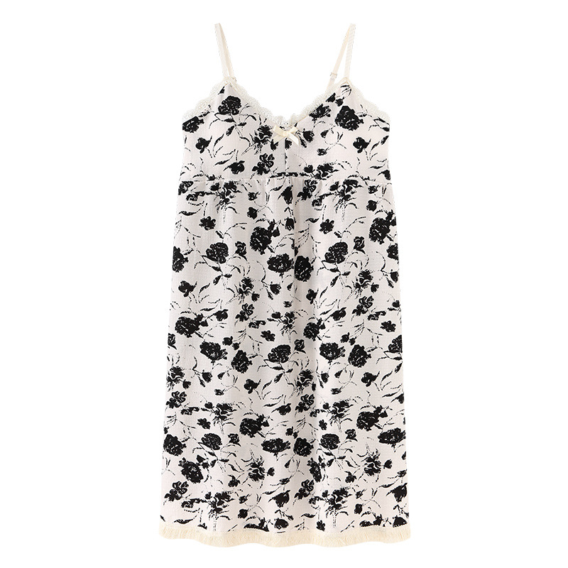 Camisón de verano con el cojín del pecho Correa chica burbuja algodón borla pijamas puro deseo viento sin mangas Delgado lindo homewear