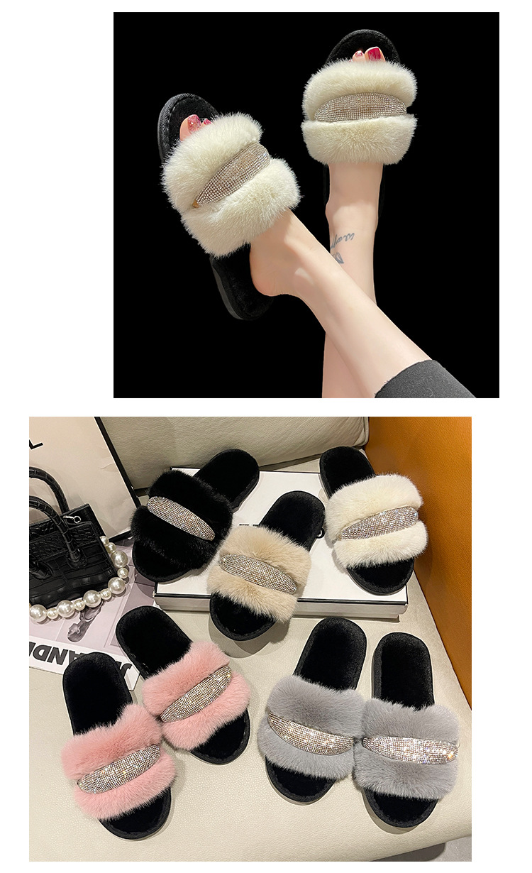 Pantofole piatte in cristallo di nuova pelliccia per il commercio estero con diamanti Moda donna alta e bassa in lana con apertura a una linea in cotone transfrontaliero_voghion.com