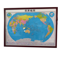 中国地图世界地图挂画办公室背景装饰画实木框大尺寸墙画晶瓷画