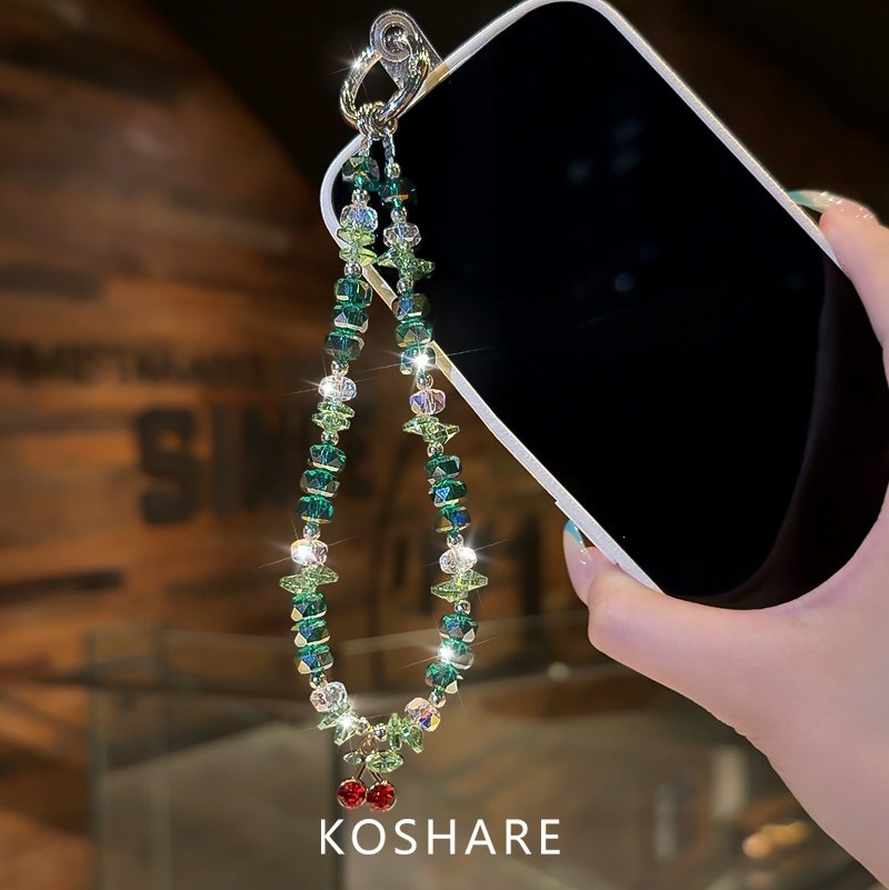Cereza verde verano flash cadena de teléfono móvil lujo ligero de alto nivel sensación bolsos de cristal colgante colgante de mano colgante de chicas colgante creativo