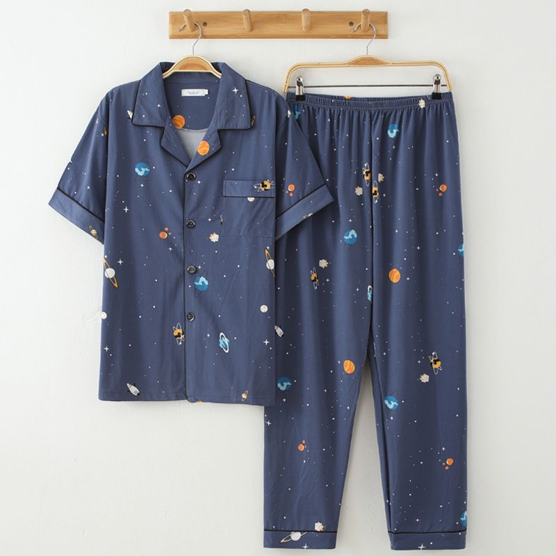 Pijamas de algodón de los hombres de primavera y verano Pantalones delgados de manga corta cardigan niños pueden usar fuera más tamaño homewear de verano