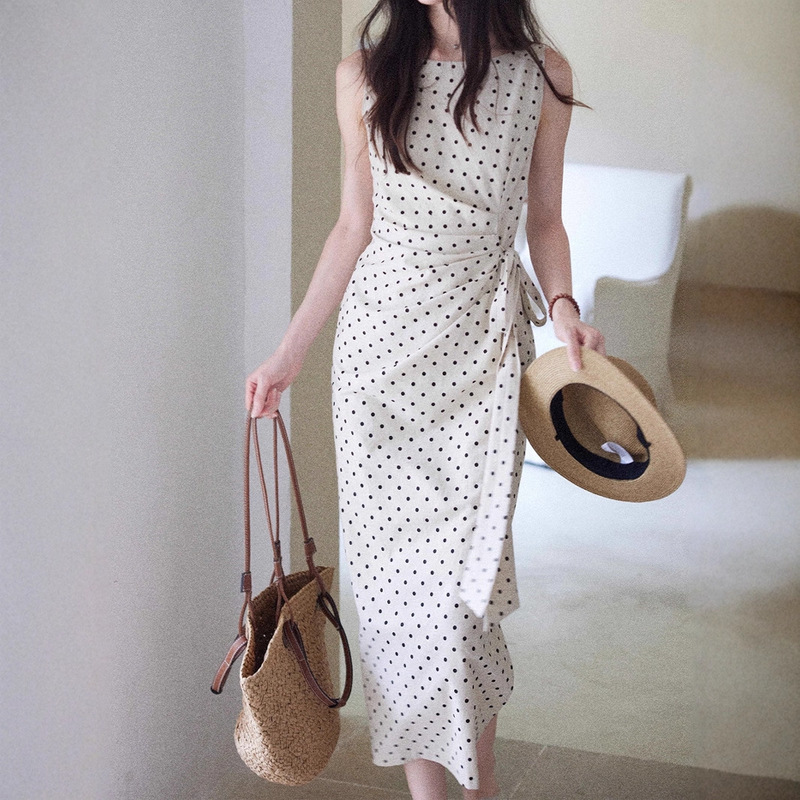 【Songjianyue】High-End Elegant Polka Dot Dress for Women with Side Waist Cinching, French Style Long Dress in Linen and Cotton