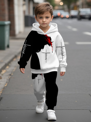 Hooded hooded hoodie set for boys and girls, stylish black and white print, making it comfortable to go out and exercise in spring and autumn