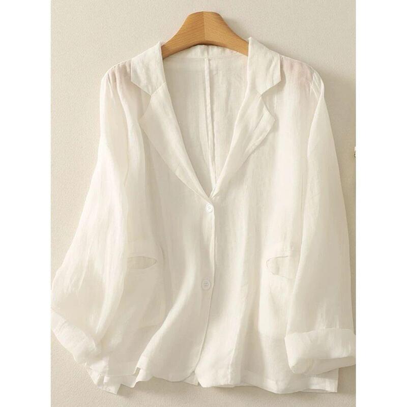 White Sun Protection Clothing, Ramie Suit Jacket, Women's Summer Lightweight, Cool, Loose, Casual, Long-Sleeved Cardigan, Breathable Top