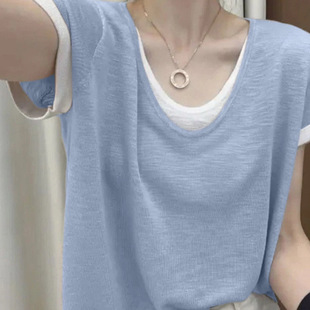 Fake Two-Piece V-Neck Short-Sleeved T-Shirt Niche Design 2025 Summer New Versatile Casual Fashion Top for Women