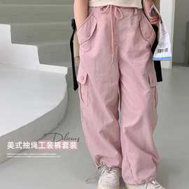 女童抽绳工装裤春夏装中大儿童韩系粉色速干舞蹈裤休闲长裤潮潮款