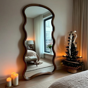 Vintage-Style Solid Wood Full-Length Mirror, Wavy Irregular Dressing Mirror for Girls' Bedrooms, Fitting Mirror for Living Room, Internet-Famous Mirror