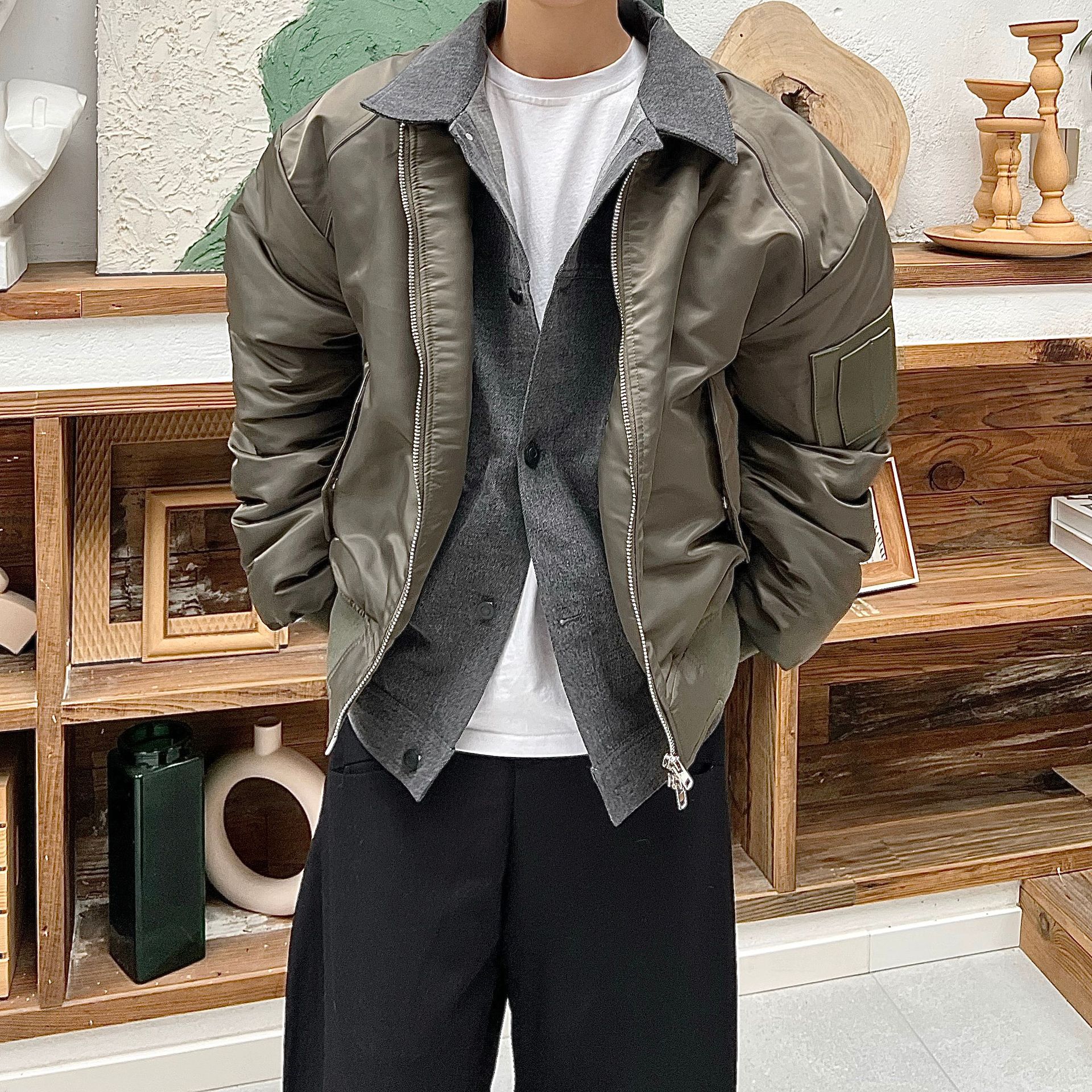 Invierno americano retro falso de dos piezas de béisbol uniforme de algodón acolchado abrigo hombres ins costura contraste color engrosado piloto de algodón acolchado abrigo de moda