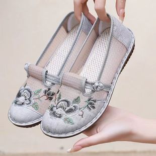 2023 New Old Beijing Cloth Shoes Women's Breathable Mesh Ethnic Style Embroidered Shoes Middle-aged and Elderly Naole Sandals Mother Shoes
