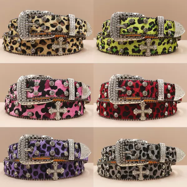 Cross Fashion Belt Y2K Leopard Western Rhinestone Belt Distinctive Denim Women's Rivet Jeans Belt