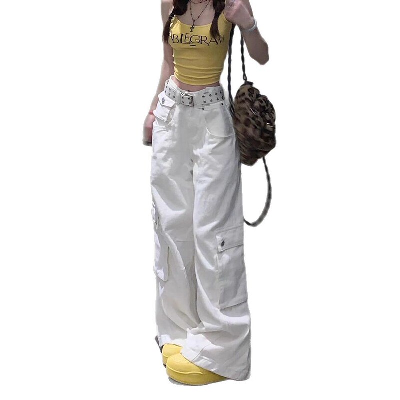 アメリカの重工の多ポケットの白い工装のズボンの女性の夏の新型のギャルのゆったりしている広足はやせているまっすぐなジーンズのズボンを現します。|undefined
