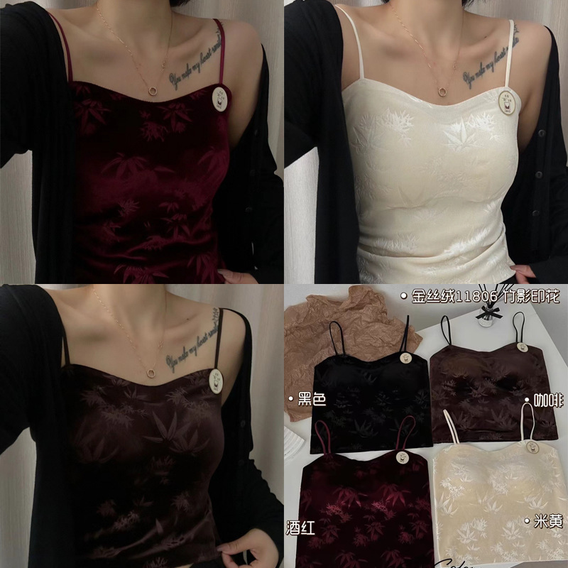 Cross-Border New Autumn and Winter Inner Gold Velvet One-Cup Sling with Breast Pad Intimates for Women to Wear Versatile Vest V Neck