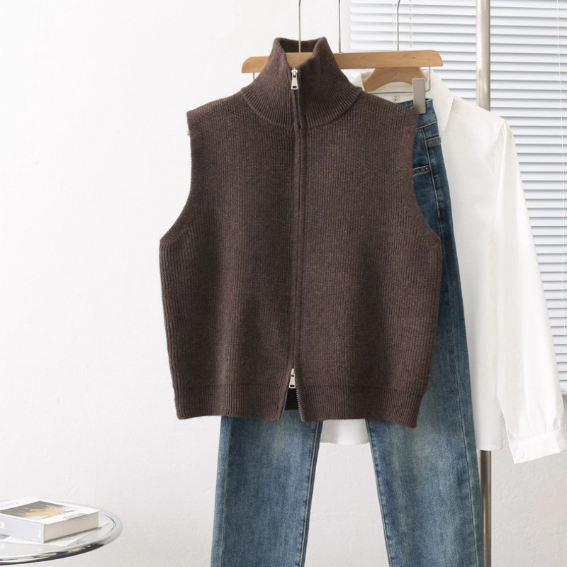 Retro collar de hombro de punto chaleco de mujer otoño invierno nuevo cardigan chaqueta de diseño suéter con cremallera suelta clip de caballo
