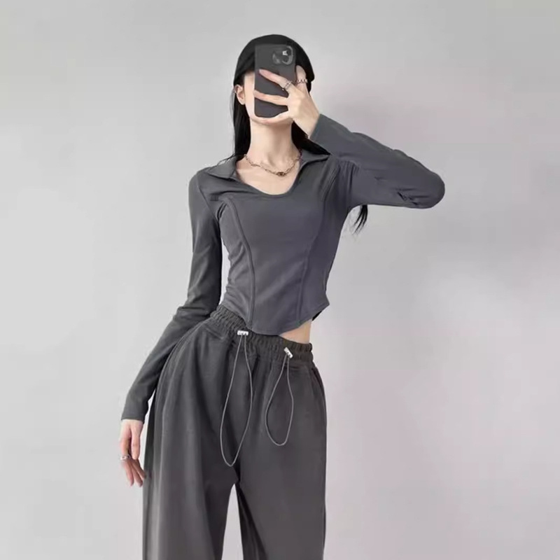 European and American Style Fashionable Long-Sleeved T-Shirt Bottoming Shirt 2025 New Spring and Summer Slimming Look Sports Waist Slim Short U-Neck Wear