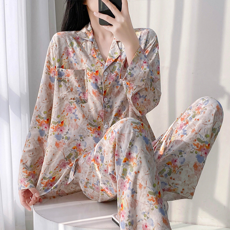 Summer Cotton Silk Pajamas Women's Long-Sleeved Thin Home Clothes Breathable Sweat-Absorbent Soft Cotton Silk Large Size Suit Drop Shipping