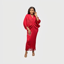 2023秋季三宅褶皱时尚宽松蝙蝠袖v领修身鱼尾纯色流苏镂空连衣裙