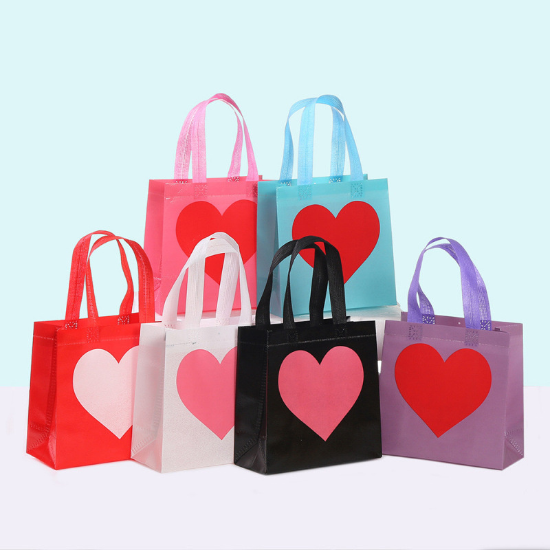 简约六色爱心情人节主题礼品包装袋无纺布袋派对节日礼物手提袋