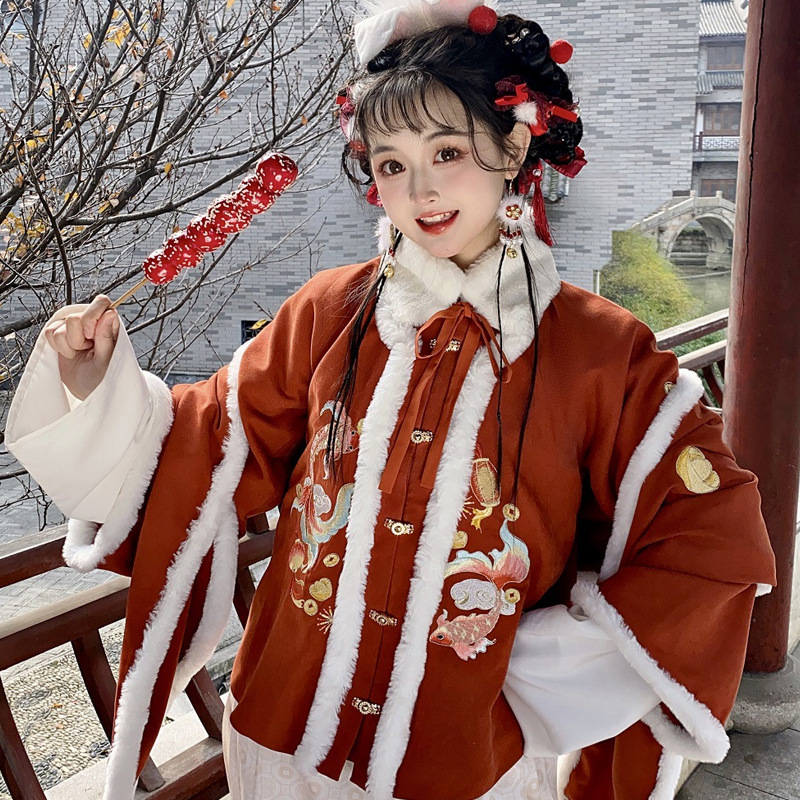 立领毛呢短比甲长袖比甲款汉服方领兔年拜年服马面裙刺绣秋冬加绒