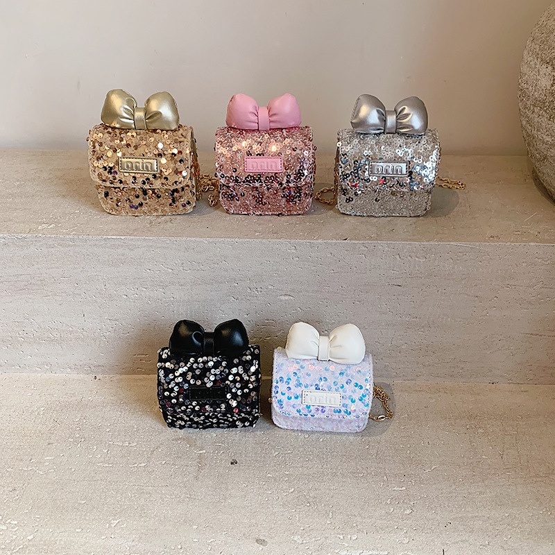 Estilo occidental princesa bolso de hombro lindo lazo color sólido mini bolso de cadena de bebé nuevo bolso de moda con lentejuelas para niños